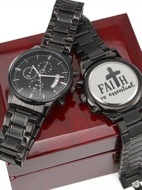 Faith Is Essential Cross Engraved Stainless Steel Watch Inspirational Message